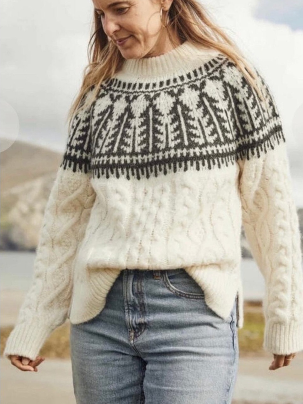 Faherty Womens Native Knitter Frost Fair Isle Sweater SZ M Cream Baby Alpaca